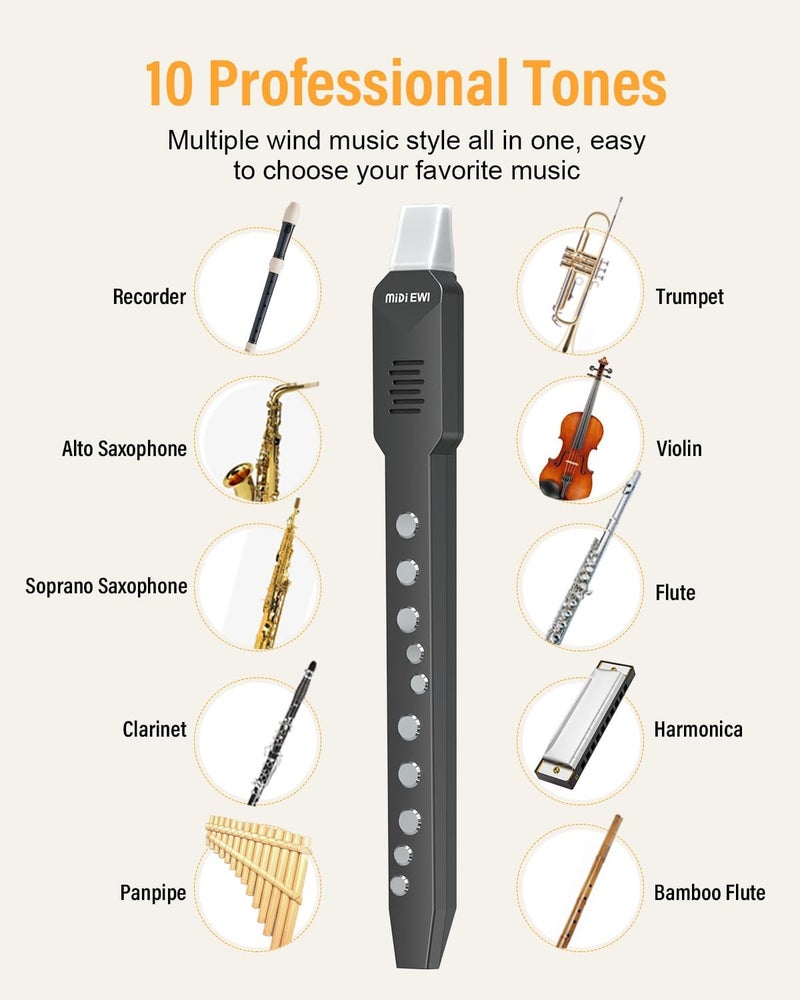 KONIX Electronic Wind Instrument, DC02 Pro Digital Wind Instrument with 10 Musical Tones, MIDI Bluetooth, Built-in Battery, EWI Instrument for Beginners, Black - Image 2